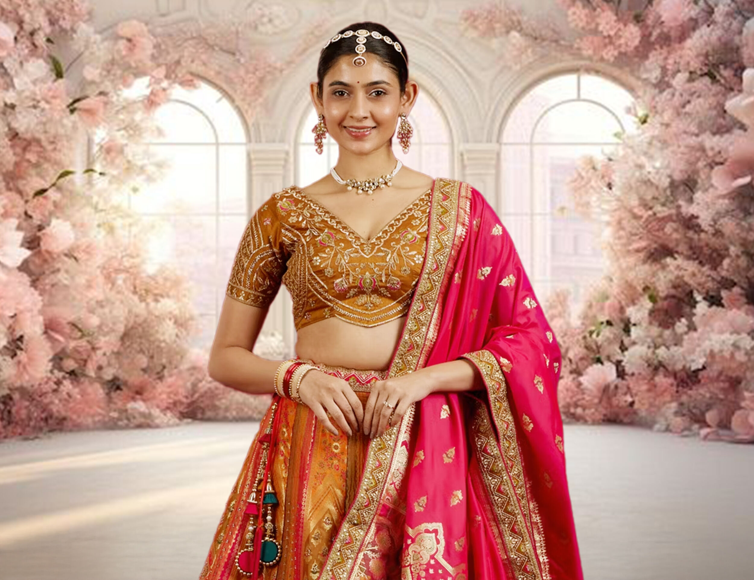 Elegant golden bridal lehenga paired with a rich red dupatta, blending tradition with modern style